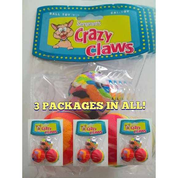 SERGEANTS CRAZY CLAWS CAT BALLS 3 PACK (LOT OF 3 PACKAGES) KITTEN FELINE CAT TOY - Picture 1 of 3